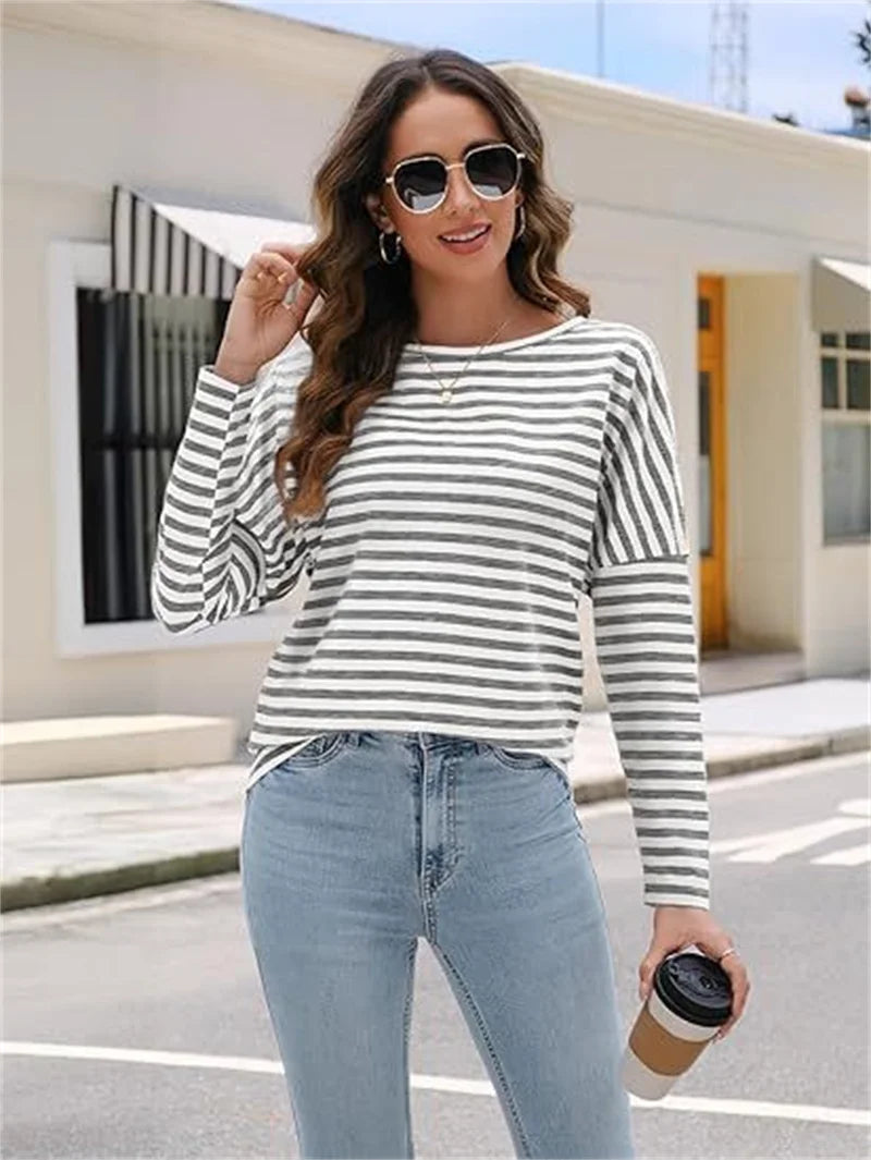 Trendy Striped Long Sleeve T-Shirt for Women (Spring & Autumn/Winter)