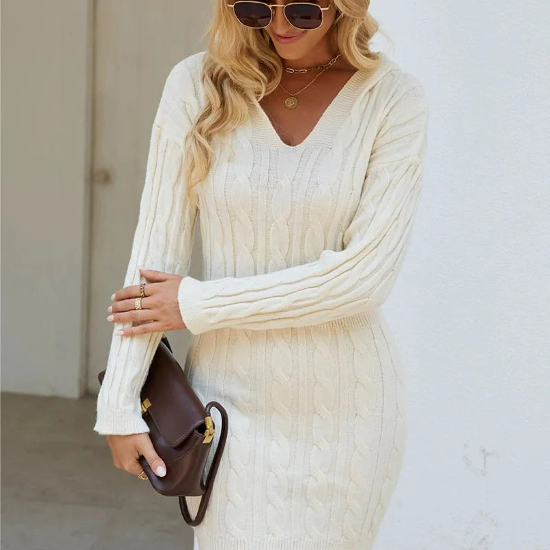 Euro-American V-Neck Twist Knitted Dress Women Streetwear