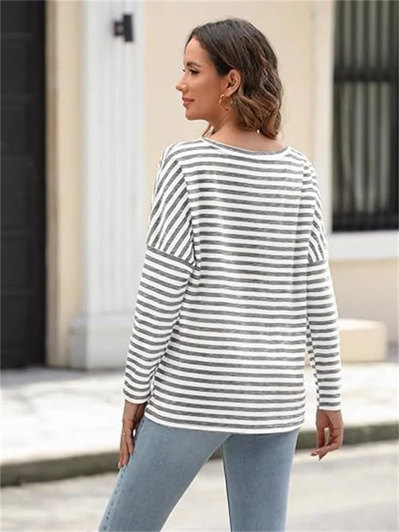 Trendy Striped Long Sleeve T-Shirt for Women (Spring & Autumn/Winter)